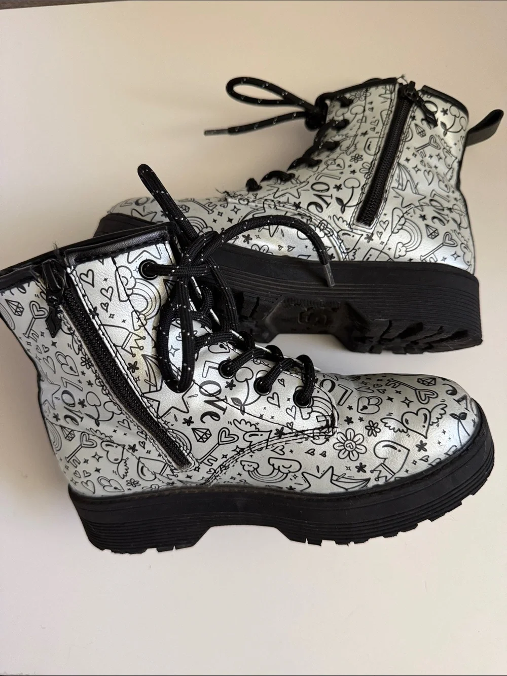 Skechers White & Black Doodle Combat Boots for Kids